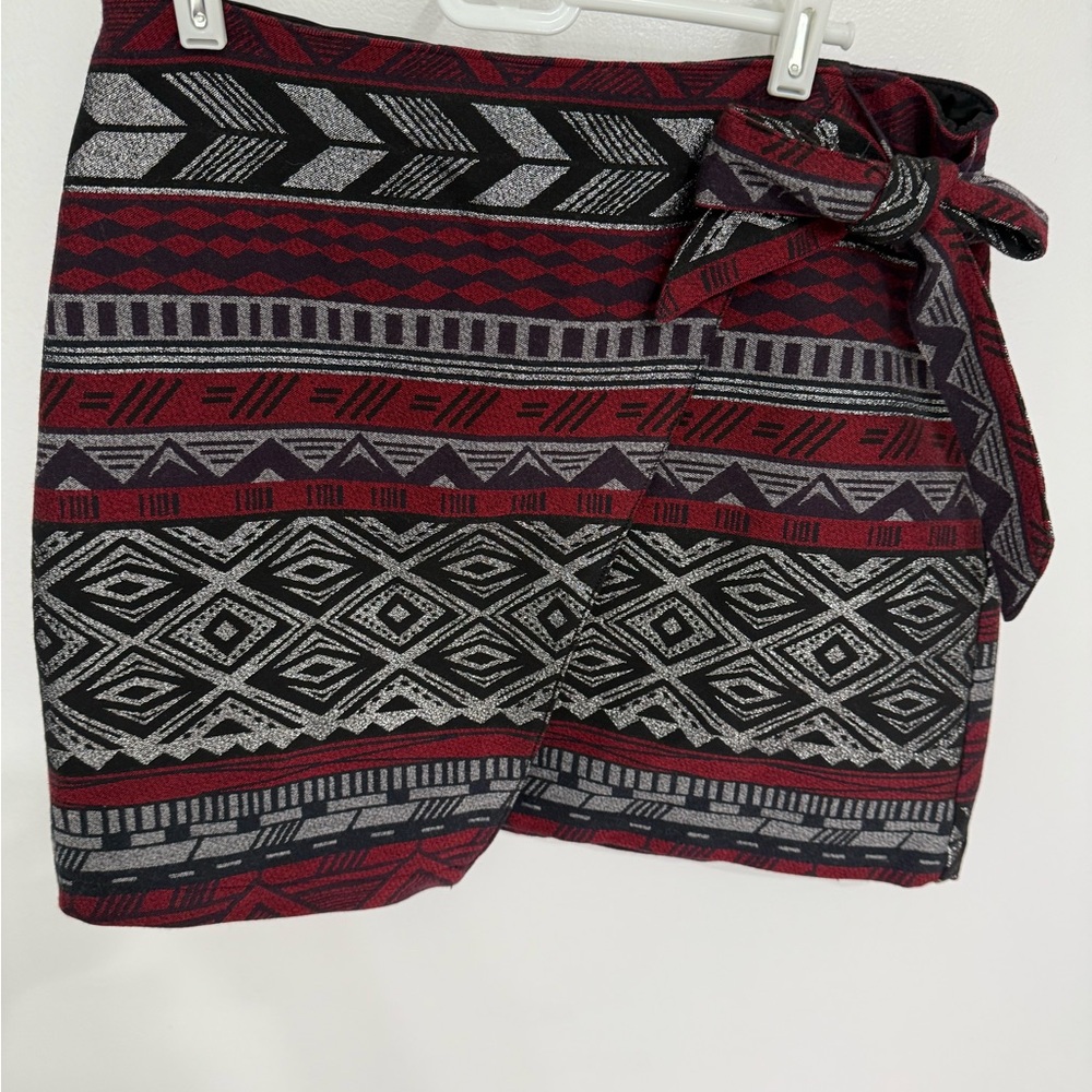 Express Black Red and Silver Faux Wrap Skirt
